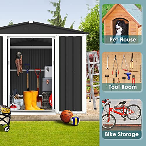 Crownland 4' x 6' Outdoor Garden Storage Shed, Sliding Door Outdoor Lawn Steel Roof Style Sheds with Air Vent for Garden, Lawn, Backyard (Gray)