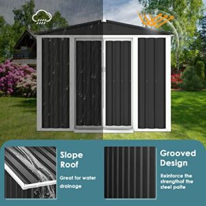 Crownland 4' x 6' Outdoor Garden Storage Shed, Sliding Door Outdoor Lawn Steel Roof Style Sheds with Air Vent for Garden, Lawn, Backyard (Gray)