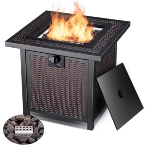 GAOAG Propane Fire Pit Table, 28" Gas Fire Pit,50,000 BTU Auto-Ignition,Outdoor Rattan Square Fire Table with Lid,ETL Certification Summer Table, Winter Pit for Outside Patio, Garden, Backyard