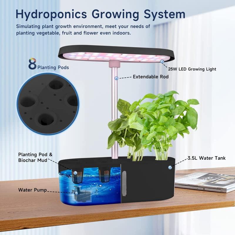 Hydroponics Growing System,8 Pods Herb Garden with 64 LEDs Full-Spectrum Plant Grow Light, Hydroponic Herb Garden with 3.5L Water Tank, 17.78'' Height Adjustable Gardening System, Black