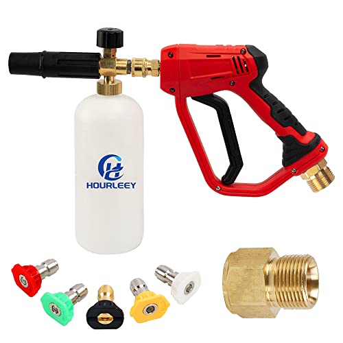 Hourleey Short Pressure Washer Gun with Foam Cannon for Car, 1/4" Quick Connector with 5 Pressure Washer Nozzle Tips, 1 Liter