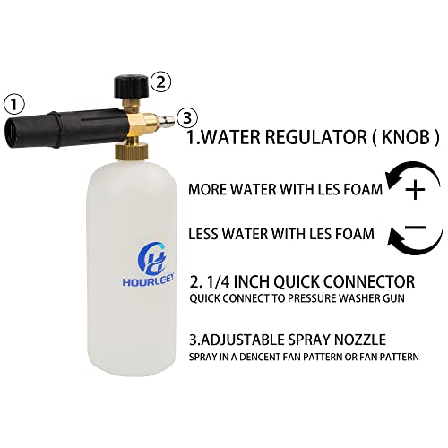 Hourleey Short Pressure Washer Gun with Foam Cannon for Car, 1/4" Quick Connector with 5 Pressure Washer Nozzle Tips, 1 Liter