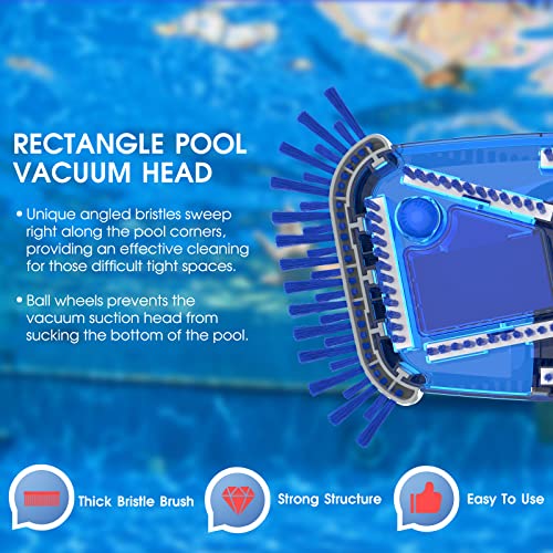 POOLWHALE Jumbo Rectangle Pool Vacuum Head with Side Nylon Bristles, Swivel Hose Connection, EZ Clip Handle,3 Ball Wheels - Connect 1-1/4", 1-1/2" Hose for Cleaning Surface Safe on Vinyl Lined Pools