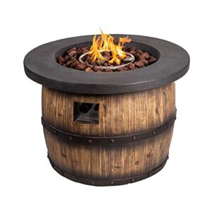 outdoor propane burning fire pit table, cast stone wood patio gas fire pit, 32″ diameter steel base with free lava rocks for garden courtyard terrace balcony.