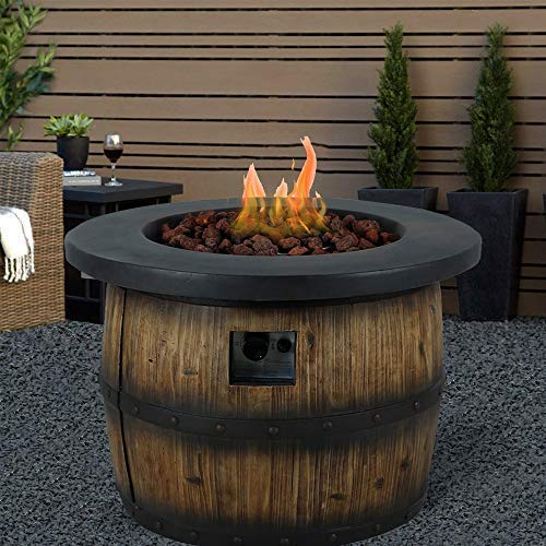 Outdoor Propane Burning Fire Pit Table, Cast Stone Wood Patio Gas Fire Pit, 32" Diameter Steel Base with Free Lava Rocks for Garden Courtyard Terrace Balcony.