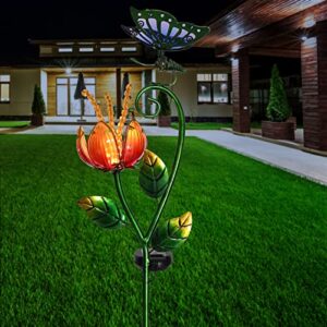 Glass Flower and Butterfly Solar Garden Stake Light Waterproof Solar Decorative Stake Light Outdoor Path Light for Walkway Pathway Lawn Patio