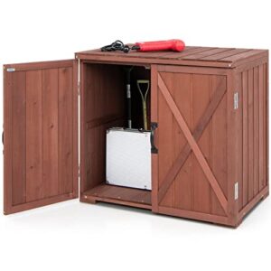 goplus outdoor storage cabinet, wood garden tool shed with doors for patio backyard, 30″ x 22″ x 28.5″