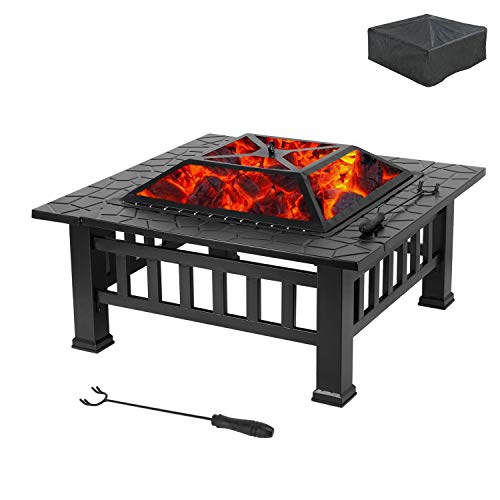 OKVAC 32" Outdoor Fire Pit, Square Metal Fireplace, Multifunctional Wood-Burning Stove w/Spark Screen, Poker, Cover, BBQ Net, Grate, for Outside, Camping, Patio, Picnic, Bonfire, Yard, Garden, Lawn