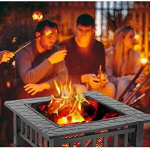 OKVAC 32" Outdoor Fire Pit, Square Metal Fireplace, Multifunctional Wood-Burning Stove w/Spark Screen, Poker, Cover, BBQ Net, Grate, for Outside, Camping, Patio, Picnic, Bonfire, Yard, Garden, Lawn