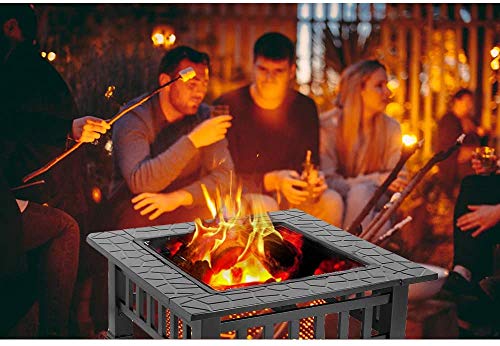 OKVAC 32" Outdoor Fire Pit, Square Metal Fireplace, Multifunctional Wood-Burning Stove w/Spark Screen, Poker, Cover, BBQ Net, Grate, for Outside, Camping, Patio, Picnic, Bonfire, Yard, Garden, Lawn