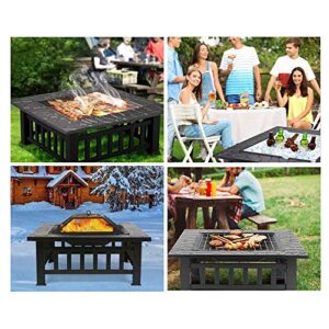 OKVAC 32" Outdoor Fire Pit, Square Metal Fireplace, Multifunctional Wood-Burning Stove w/Spark Screen, Poker, Cover, BBQ Net, Grate, for Outside, Camping, Patio, Picnic, Bonfire, Yard, Garden, Lawn