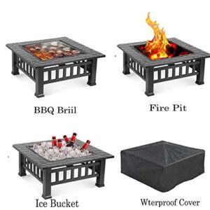 OKVAC 32" Outdoor Fire Pit, Square Metal Fireplace, Multifunctional Wood-Burning Stove w/Spark Screen, Poker, Cover, BBQ Net, Grate, for Outside, Camping, Patio, Picnic, Bonfire, Yard, Garden, Lawn