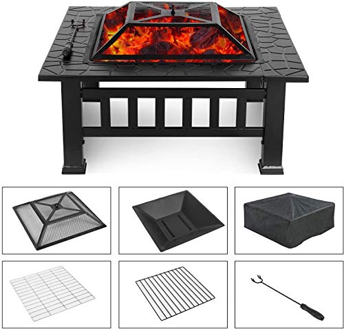 OKVAC 32" Outdoor Fire Pit, Square Metal Fireplace, Multifunctional Wood-Burning Stove w/Spark Screen, Poker, Cover, BBQ Net, Grate, for Outside, Camping, Patio, Picnic, Bonfire, Yard, Garden, Lawn