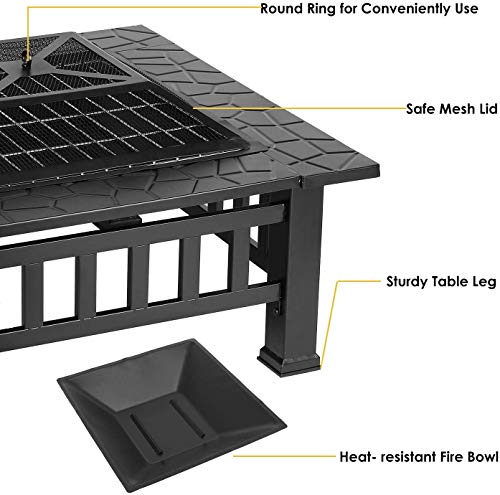 OKVAC 32" Outdoor Fire Pit, Square Metal Fireplace, Multifunctional Wood-Burning Stove w/Spark Screen, Poker, Cover, BBQ Net, Grate, for Outside, Camping, Patio, Picnic, Bonfire, Yard, Garden, Lawn