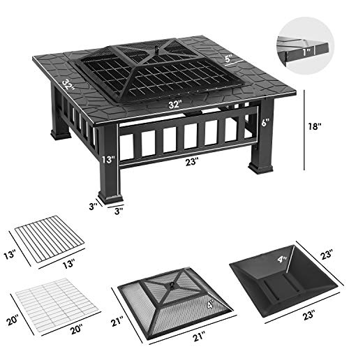 OKVAC 32" Outdoor Fire Pit, Square Metal Fireplace, Multifunctional Wood-Burning Stove w/Spark Screen, Poker, Cover, BBQ Net, Grate, for Outside, Camping, Patio, Picnic, Bonfire, Yard, Garden, Lawn