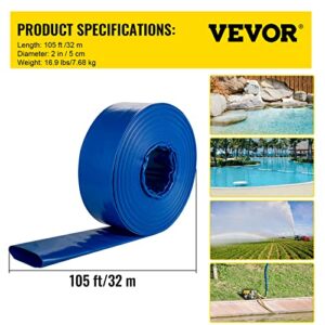 VEVOR Discharge Hose, 2" x 105', PVC Fabric Lay Flat Hose, Heavy Duty Backwash Drain Hose with Clamps, Weather-proof & Burst-proof, Ideal for Swimming Pool & Water Transfer, Blue