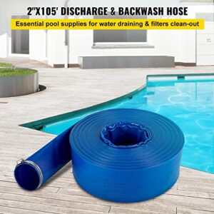 VEVOR Discharge Hose, 2" x 105', PVC Fabric Lay Flat Hose, Heavy Duty Backwash Drain Hose with Clamps, Weather-proof & Burst-proof, Ideal for Swimming Pool & Water Transfer, Blue