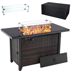cureallso propane gas fire pit table, 43 inch 50,000 btu rattan look auto-ignition outdoor fire tables, with glass wind guard ,waterproof cover,csa approved for garden patio backyard deck poolside