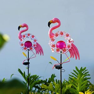 starryfill 40.5″ (h) garden solar lights outdoor metal flamingo pink hydrangea flower crackle glass globe stake lights waterproof warm white led for pathway lawn patio or courtyard(1 pcs)