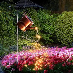 solar watering can with lights outdoor for garden yard patio decor waterproof star shower string lights led cascading fairy waterfall solar kettle flowers lights romantic atmosphere (large)