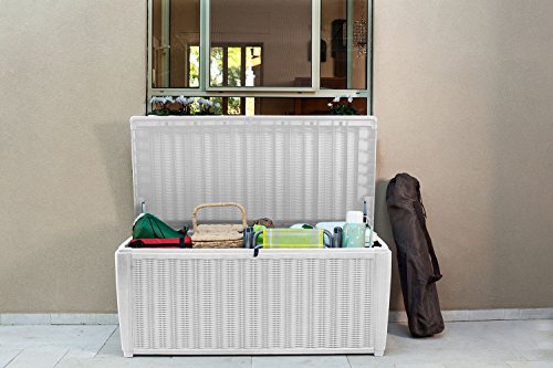 Keter Sumatra 135 Gallon Resin Rattan Look Outdoor Deck Box for Patio Furniture Cushions, Garden Tools, Toys, and Pool Storage