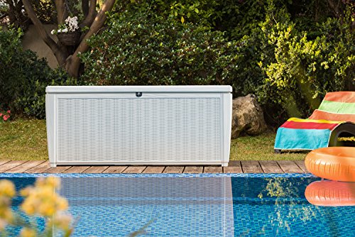 Keter Sumatra 135 Gallon Resin Rattan Look Outdoor Deck Box for Patio Furniture Cushions, Garden Tools, Toys, and Pool Storage