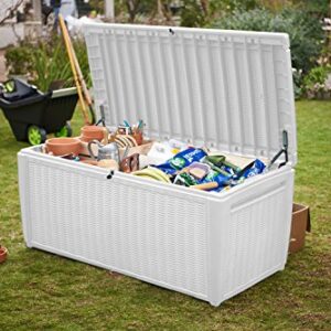 Keter Sumatra 135 Gallon Resin Rattan Look Outdoor Deck Box for Patio Furniture Cushions, Garden Tools, Toys, and Pool Storage