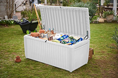 Keter Sumatra 135 Gallon Resin Rattan Look Outdoor Deck Box for Patio Furniture Cushions, Garden Tools, Toys, and Pool Storage