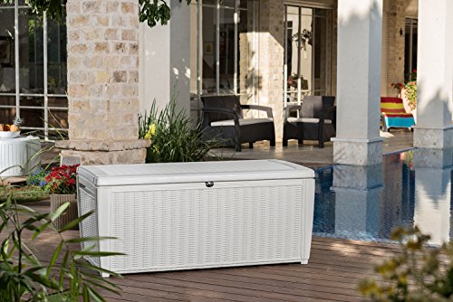 Keter Sumatra 135 Gallon Resin Rattan Look Outdoor Deck Box for Patio Furniture Cushions, Garden Tools, Toys, and Pool Storage