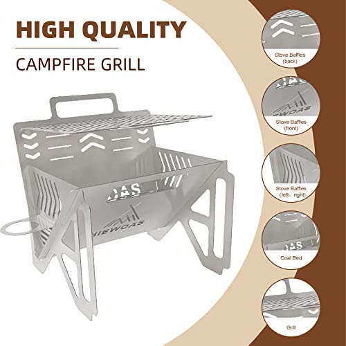 HIEWOAS Portable Fire Pit with BBQ Grill, 304 Stainless Steel Campfire Grill, Camping Firepit Charcoal Grill Outdoor Bon Fire Wood for Car Camping Patio Garden Backyard