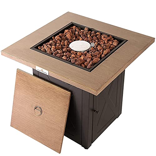 LEGACY HEATING 28 Inch Outdoor Gas Square 50000 BTU Fire Pit Table with Lid, Bionic Wood Grain Propane fire pits Tables for Outside Backyard Garden Camping Party