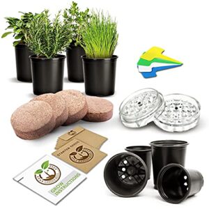 indoor live herb garden & plant seed starter kit – diy transplanting kit for beginners & kids | includes seeds, soil, pots, markers, instructions, & grinder | parsley, basil, cilantro, & chive seeds