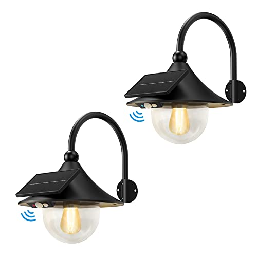 Auzev Solar Lanterns Lights Outdoor Solar Barn Light with 3 Lighting Modes, Motion Sensor LED Retro Wall Mount Waterproof Dusk to Dawn Outside Lighting for Farmhouse, Patio, Garden,Shed (Black-2Pack)