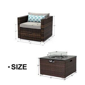 COSIEST 5-Piece Faux Brown Propane Fire Pit Outdoor Furniture Brown Chairs w Thick Cushion w 32-inch Square Wicker Fire Table (40,000 BTU), Fits 20lb Tank Outside w Wind Guard for Garden, Backyard