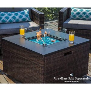 COSIEST 5-Piece Faux Brown Propane Fire Pit Outdoor Furniture Brown Chairs w Thick Cushion w 32-inch Square Wicker Fire Table (40,000 BTU), Fits 20lb Tank Outside w Wind Guard for Garden, Backyard