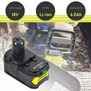 Upgrade 18V 6.0Ah P108 P102 Battery Replacement for Ryobi 18 Volt Battery Lithium Compatible with Ryobi Battery 18v Lithium P102 P103 P104 P105 P107 P109 P122 Ryobi System Cordless Power Drill Tool