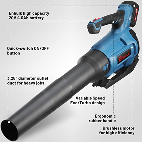 Enhulk Brushless Leaf Blower Cordless, 430 CFM Max Electric Jet Blower with Powered Motor, 20V 4.0Ah Battery*2 & Fast Charger, High/Low-Speed Handheld Blowers for Lawn Care Yard Work Around The House