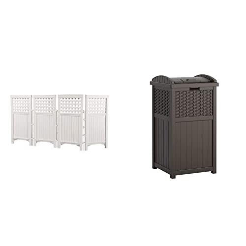 Suncast 4 Panel Reversible Outdoor Screen Enclosure, 44" (H) x 23" (W) per, White & 33 Gallon Hideaway Can Resin Outdoor Trash with Lid Use in Backyard, Deck, or Patio, 33-Gallon, Brown