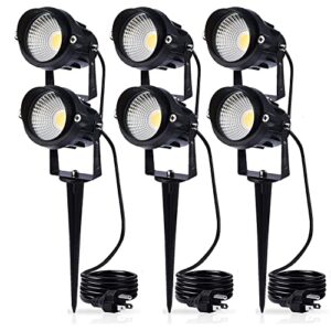 lcared led spotlight outdoor landscape lights warm white 120v ac waterproof garden spot lights for yard with spiked stake patio,lawn, wall, flood,driveway flag lighting with us 3-plug in (6 pack)