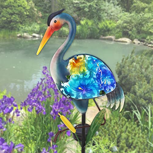 WUFEILY Heron Solar Garden Lights, Hand-Painted Glass Solar Garden Decor, Lawn Ornaments Solar Stake Lights Yard Art Solar Landscape Lights for Patio Lawn Yard Porch Decor