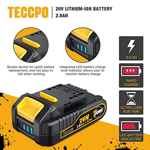 TECCPO 20V MAX 2.0 Ah Lithium Ion Battery Pack, Rechargeable Replacement Battery, for All 20V TECCPO & POPOMAN Cordless Power Tools