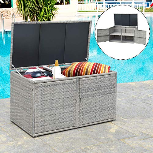 Tangkula Outdoor Wicker Storage Box, Garden Deck Bin with Steel Frame, Rattan Pool Storage Box with Lid, Ideal for Storing Tools, Accessories and Toys, 88 Gallon Capacity (Grey)