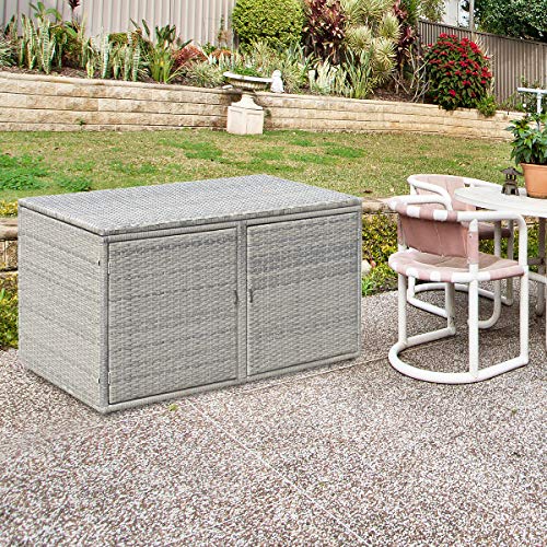 Tangkula Outdoor Wicker Storage Box, Garden Deck Bin with Steel Frame, Rattan Pool Storage Box with Lid, Ideal for Storing Tools, Accessories and Toys, 88 Gallon Capacity (Grey)