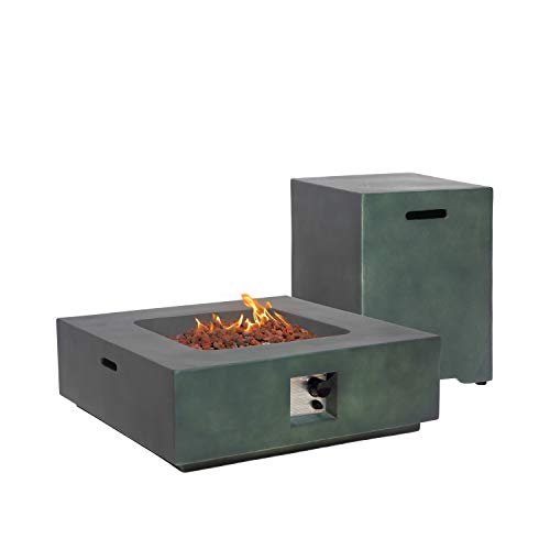 COSIEST 2-Piece Outdoor Propane Fire Pit Table Set w Tank, Green Faux Stone 35 inch Square Fire Table w 50,000 BTU Stainless Steel Burner, w Metal Lid 20lb Hideway Tank for Garden, Porch