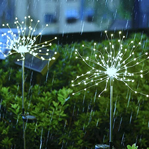 2 Pack Solar Garden Lights, 120 LED Solar Firework Lights Outdoor, Decorative Stake String Lights for Walkway Backyard Pathway Patio Christmas Wedding Party (2, Cool White)