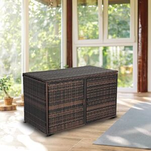 VINGLI 88 Gallon Outdoor Rattan Deck Box w/Openable Doors, Patio Wicker Storage Box for Tools and Toys Storage, Garden Deck Storage Bin for Garden, Balcony, Porch, Pool, Yard (Brown)