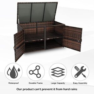 VINGLI 88 Gallon Outdoor Rattan Deck Box w/Openable Doors, Patio Wicker Storage Box for Tools and Toys Storage, Garden Deck Storage Bin for Garden, Balcony, Porch, Pool, Yard (Brown)