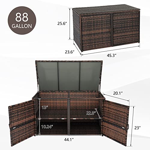 VINGLI 88 Gallon Outdoor Rattan Deck Box w/Openable Doors, Patio Wicker Storage Box for Tools and Toys Storage, Garden Deck Storage Bin for Garden, Balcony, Porch, Pool, Yard (Brown)