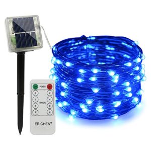 erchen remote control solar powered led string lights, 33ft 100 leds copper wire waterproof 8 modes decorative fairy lights for outdoor christmas garden patio yard (blue)