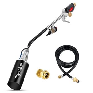 propane torch weed burner,flamethrower,propane garden torch,9.8 ft hose,gas bottle adapter,heavy duty output and one-push electronic button igniter,widly use for weeding,grilling,ice melting